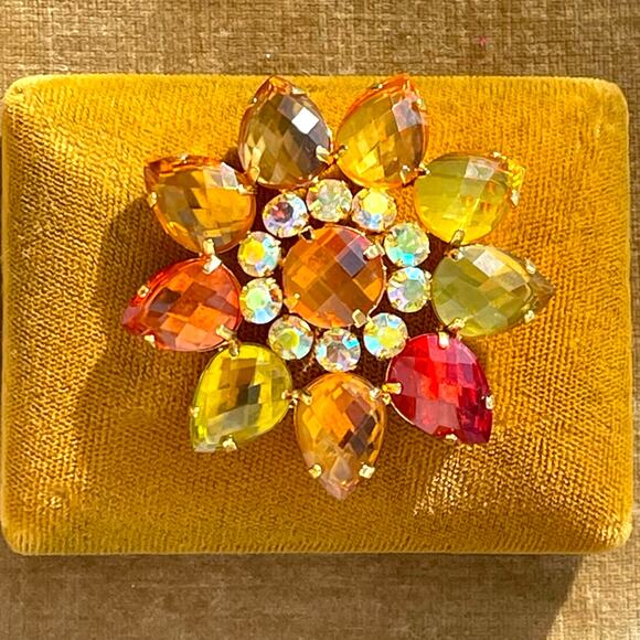 Joan Rivers Classic Collection Orange Yellow Sunburst Brooch Flower Pin in Box - Picture 1 of 12